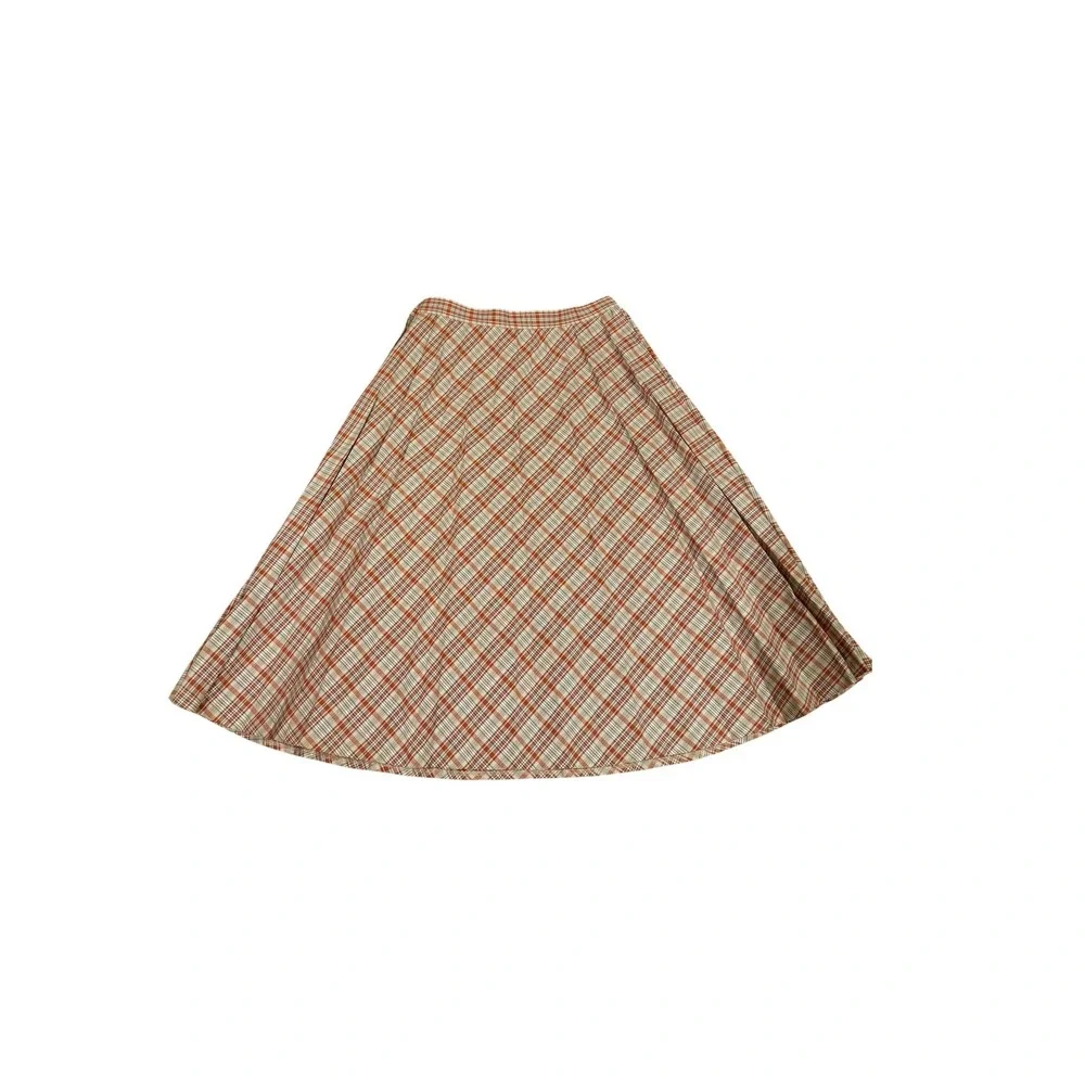 Vtg 80s Plaid Skirt Suit Set Orange Tan Blazer A-Line Midi Skirt Retro 2 Piece M